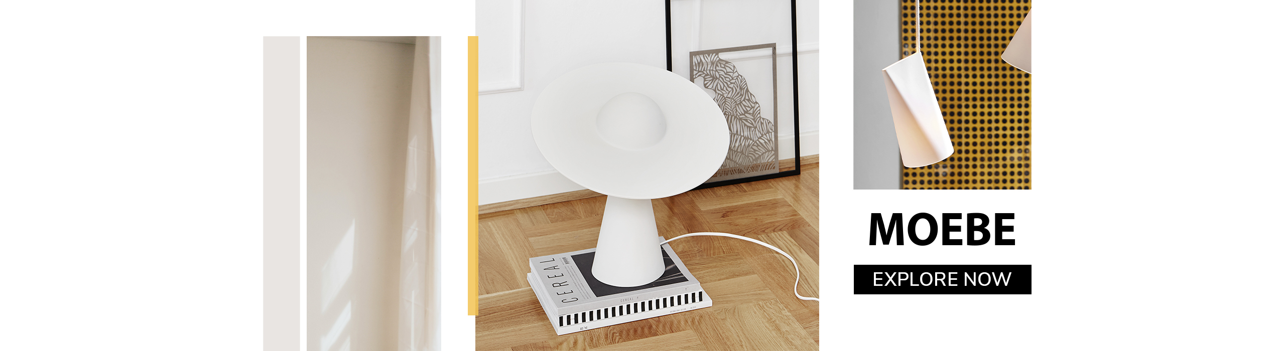 Moebe minimalist white table lamp with sculptural design, styled in a modern interior with wooden flooring and framed artwork